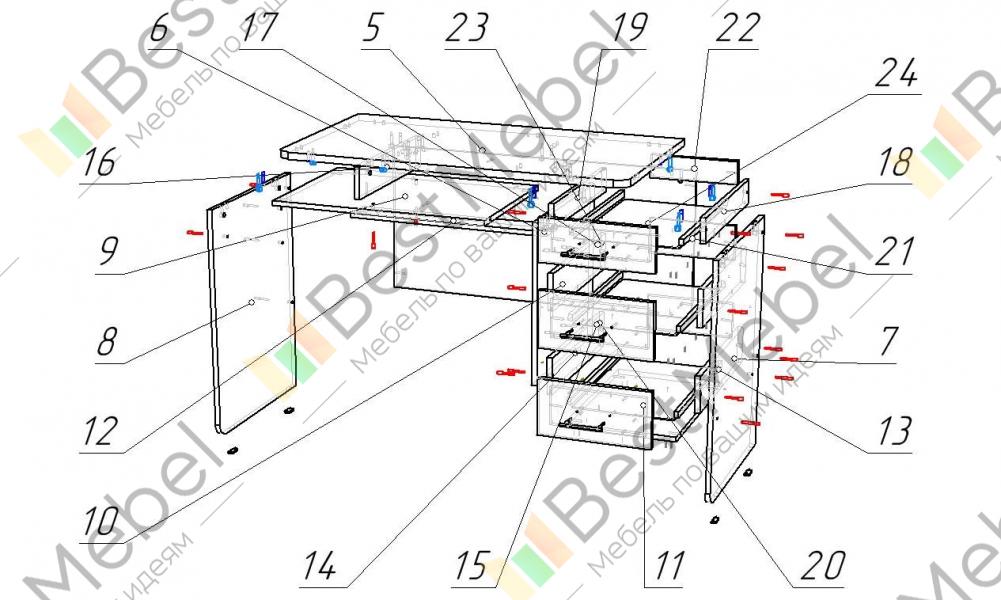 Схема сборки письменного стола с ящиками тремя выдвижными