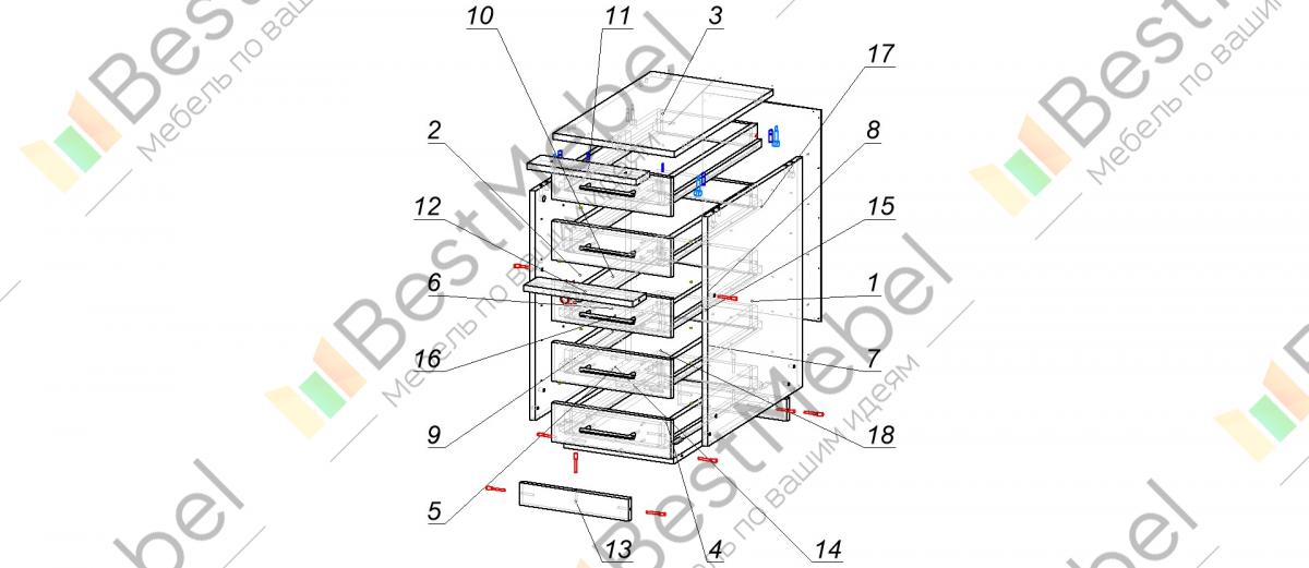 Схема сборки тумбы с выдвижными ящиками