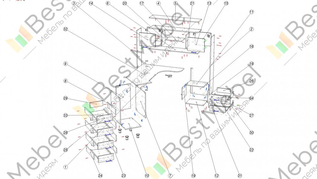 Схема сборки углового компьютерного стола с ящиками