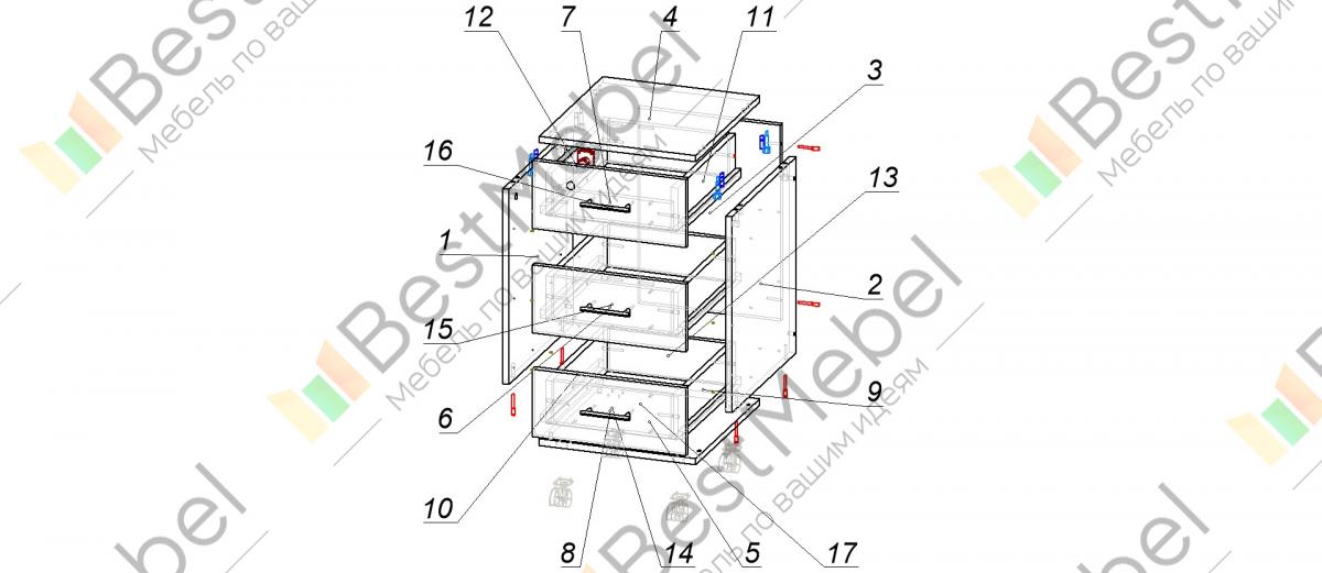 Схема сборки тумбы с выдвижными ящиками
